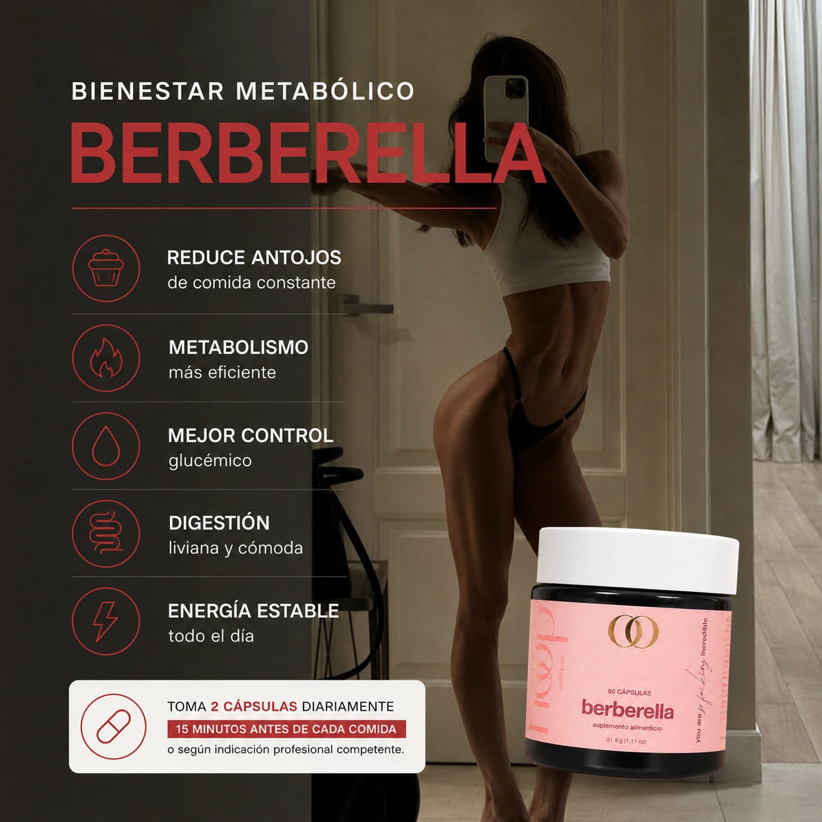Berberella Less Cravings – beneficios de la berberina de Hoop Wellness para antojos y glucosa